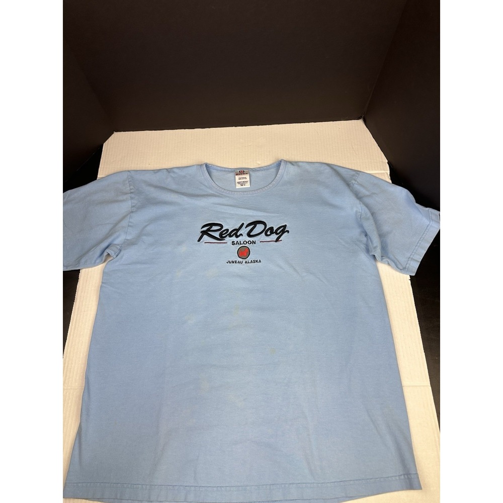 Red Dog Saloon Mens XL Blue Embroidered T-Shirt Short Sleeve Juneau Alaska Bar